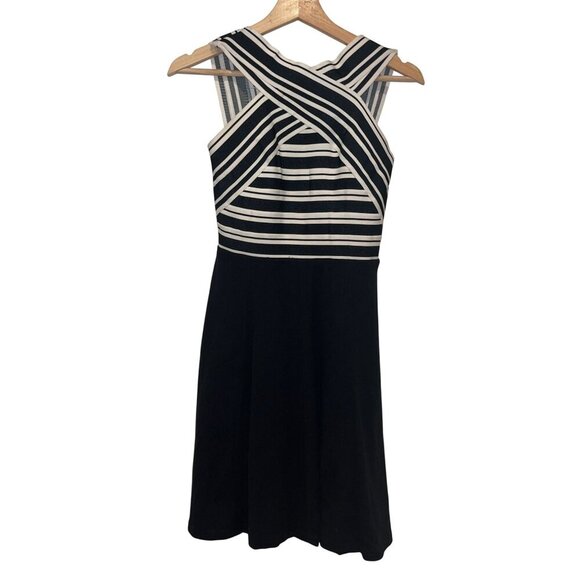 MAEVE  Anthropologie Black & White Striped  Fit & Flar  Crosswise Flare Dress 0 - Picture 2 of 9